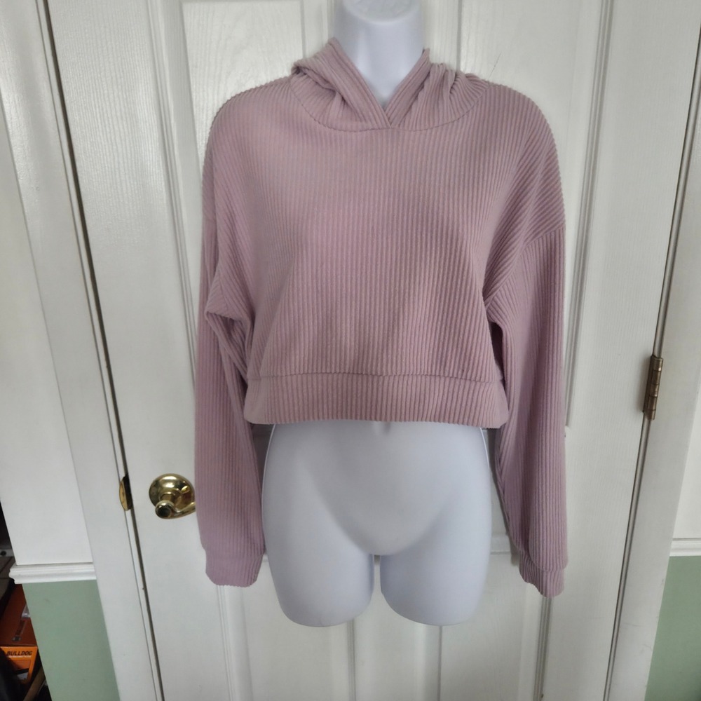 Youngla Womens Ribbed‎ Cropped Hoodie Dusty Mauve Lavender Athleisure XS